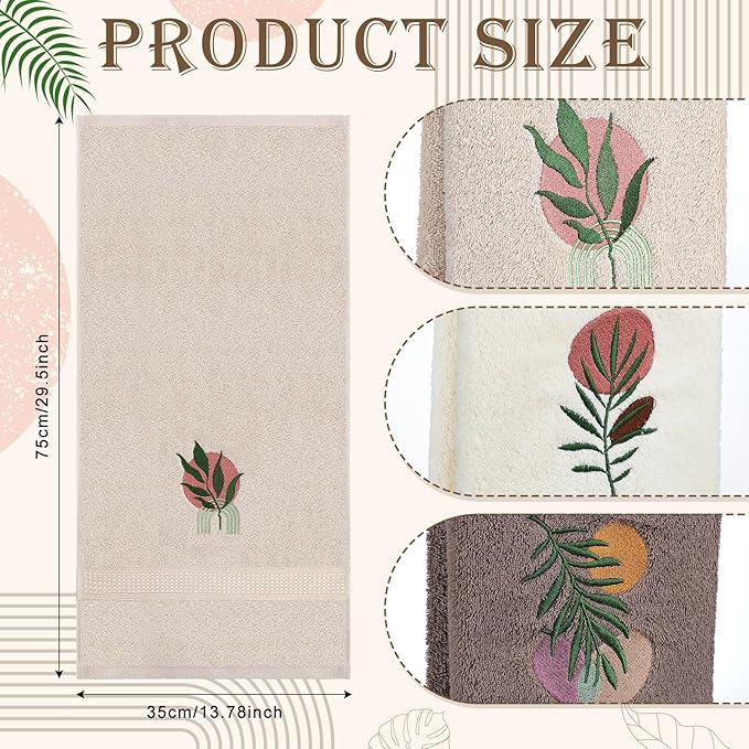3 Pack Boho Leaves Hand Towels for Bathroom 100% Cotton Embroidered Bathroom