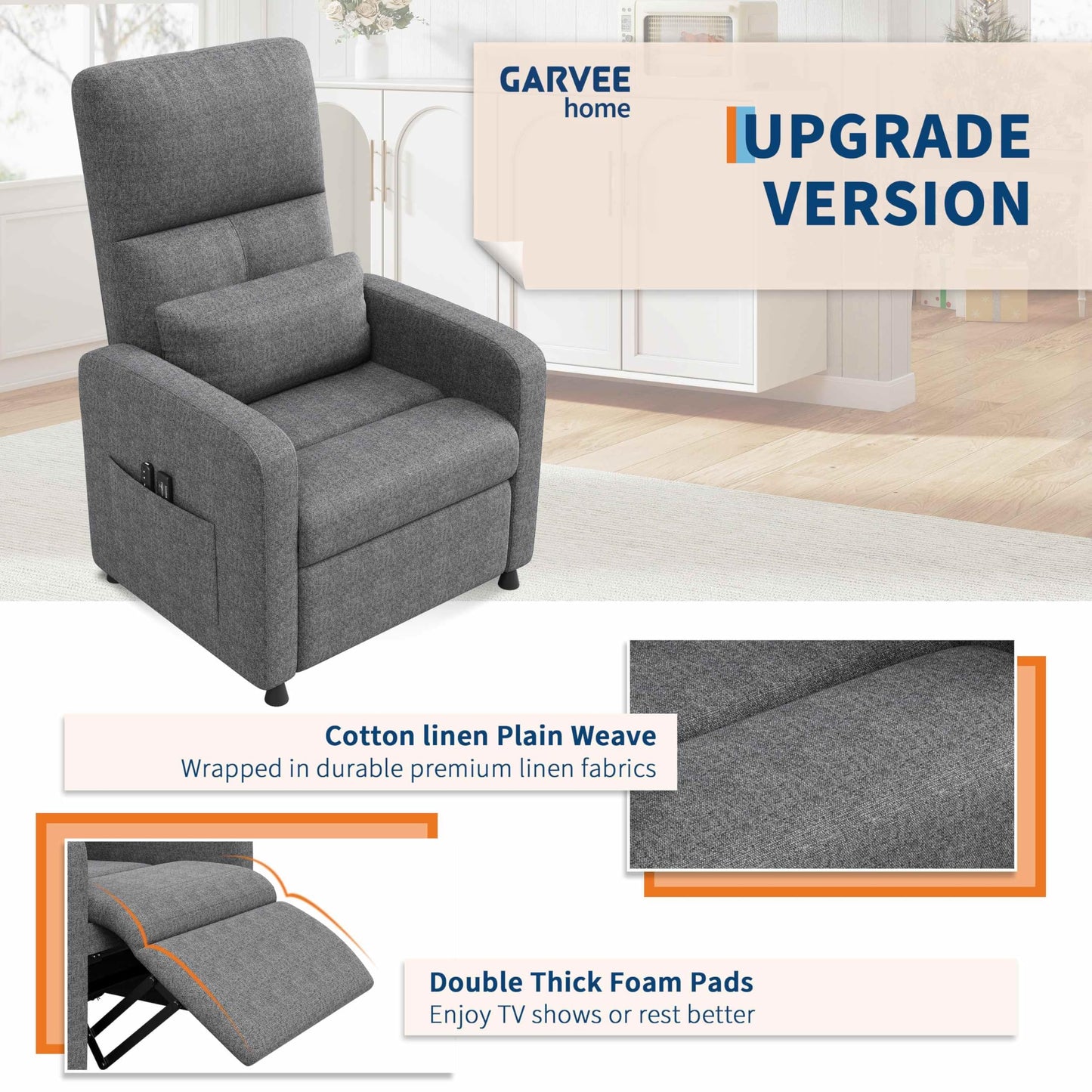 Power Recliner Chair, Adjustable Electric Reclining Chair for Adults, Overstuffed Tall Back Sofa with Padded Seat, 2 Side Pockets & USB Port, Home Theater Seating for Living Room - Gray