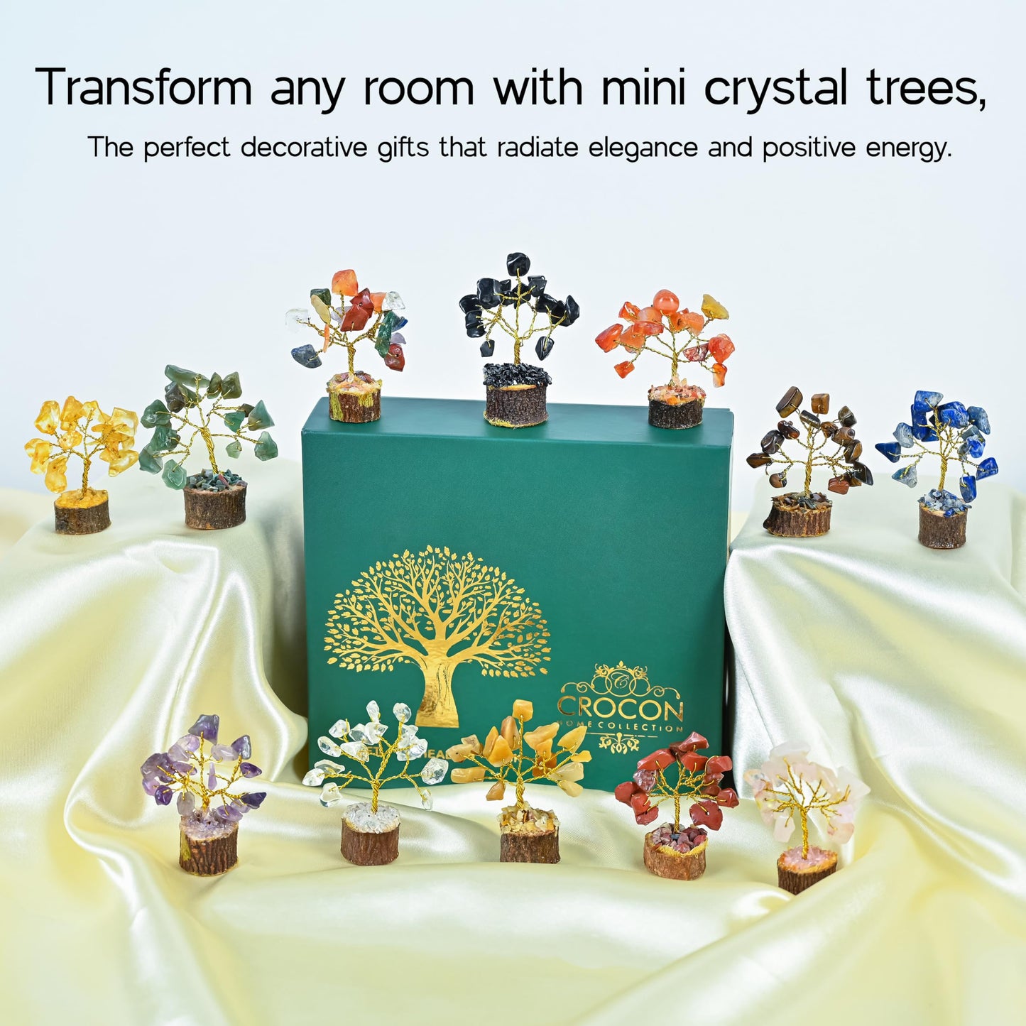 Crocon® Set of 12 Crystals Mini Stone Tree of Life Birthday Gifts for Women, Home & Office Decor, Money Tree Healing Crystals Gift Set Mom & Father Gift Ideas Housewarming Gifts New Home Sister & Dad