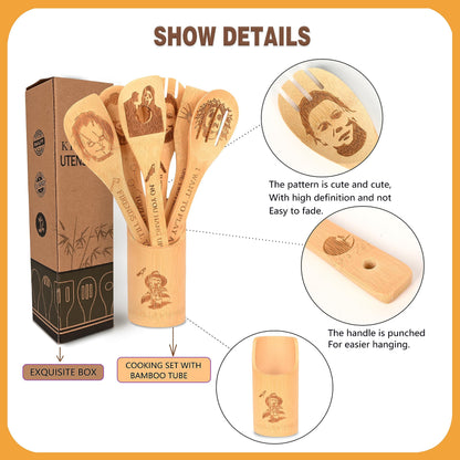 Halloween Bamboo Spoons Set of 7 - Engraved Spooky Wooden Utensils with Holder, Kitchen Decor Gift for Halloween Party Christmas