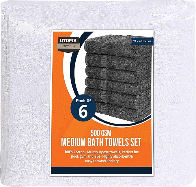 Utopia Towels 6 Pack Medium Bath Towel Set, 24 by 48 Inches, 500 GSM 100% Ring