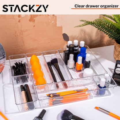Stackzy Drawer Organiser Set – Makeup Organiser Tray for Drawers – Clear Cosmetics Container Tray for Bedroom – Utensil Cutlery Set Divider – Kitchen Storage & Organisation – 16pack