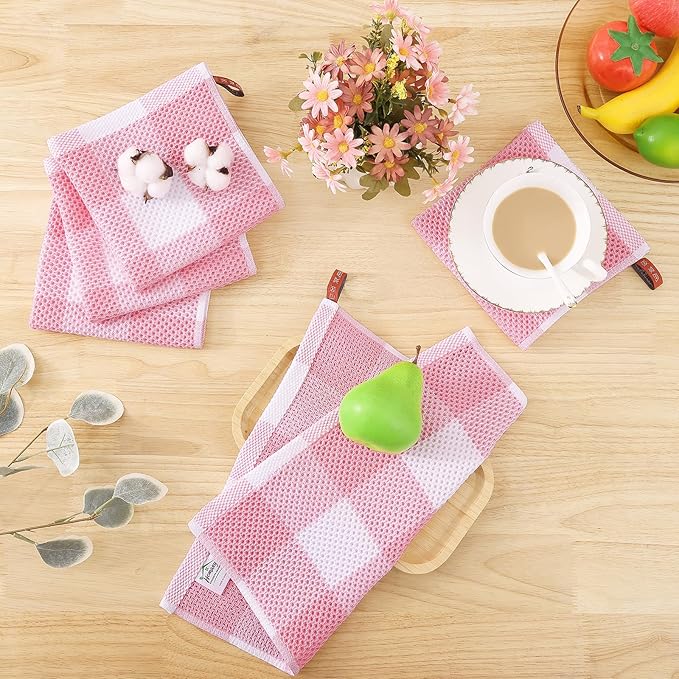 Homaxy 100% Cotton Waffle Weave Check Plaid Dish Cloths, 12 x 12 Inches