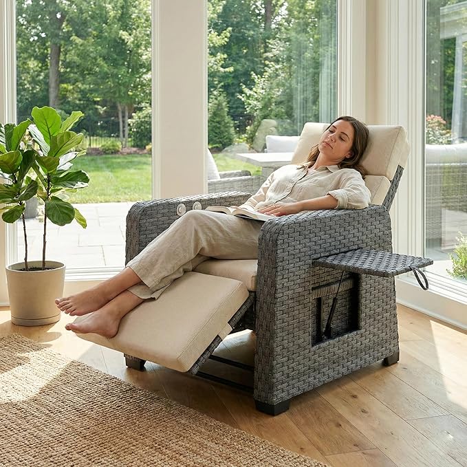 Restland Outdoor Recliner with Independent Adjustable Back & Footrest Wicker Patio Reclining Chair with Flip Table Comfortable Lounge Chair & Thick Cushion for Deck, Porch (Beige)