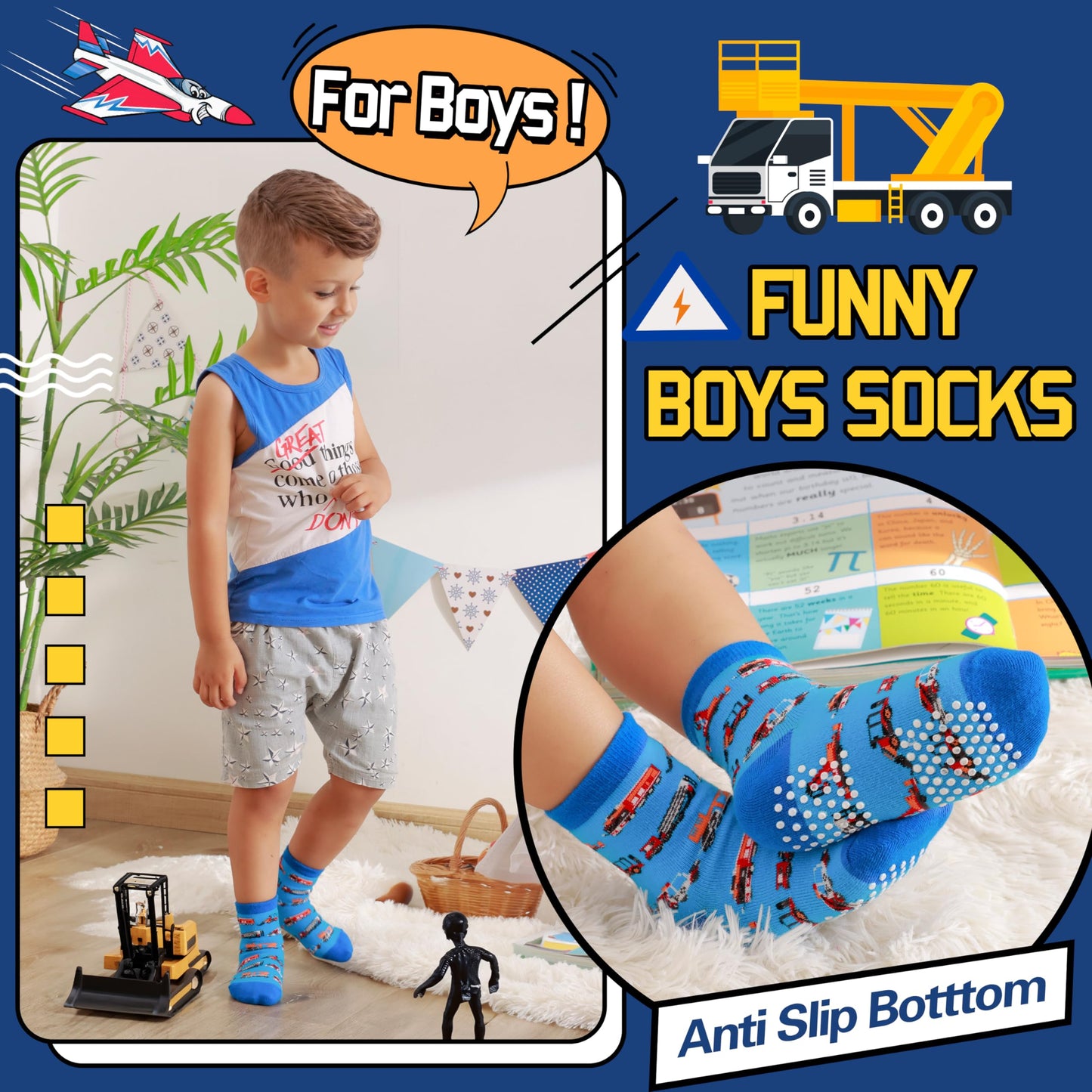 Welwoos Baby Boys Toddlers Grips Socks Non Slip Anti Skid Funny Cartoon Cosy Crew Cotton Gifts Socks 12 Pairs Stocking Fillers(Mix Blue Styles,3-5 T)