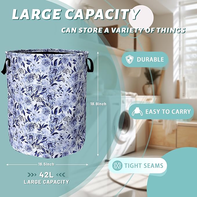 Blue Flower Floral Laundry Basket Foldable