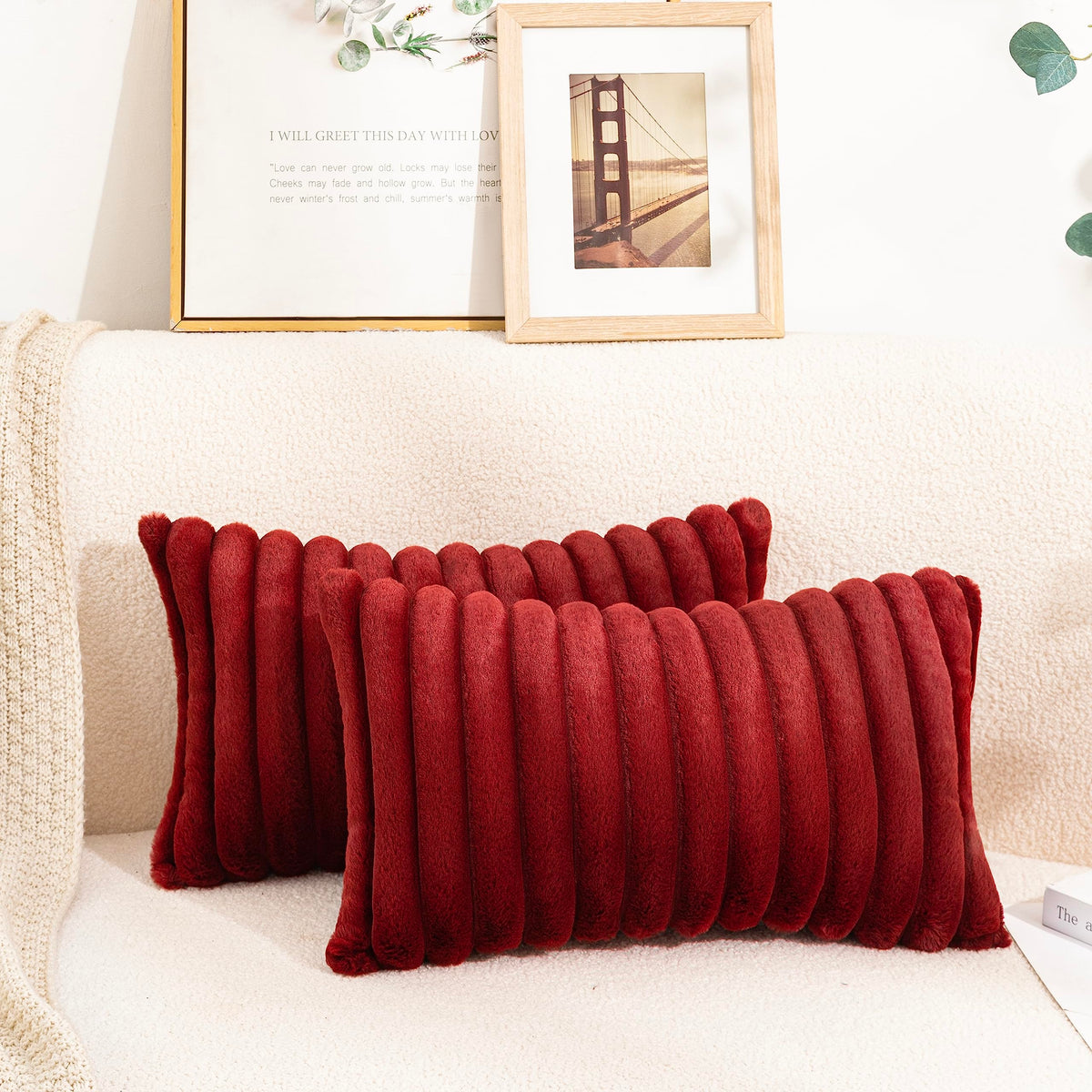 Uhomy Set of 2 Faux Fur Plush Christmas Red Decorative Throw Pillow Covers Fuzzy Striped Soft Pillowcase Cushion Covers for Sofa Couch Bedroom 12x20 inch 30x50 Cm Burgundy Red