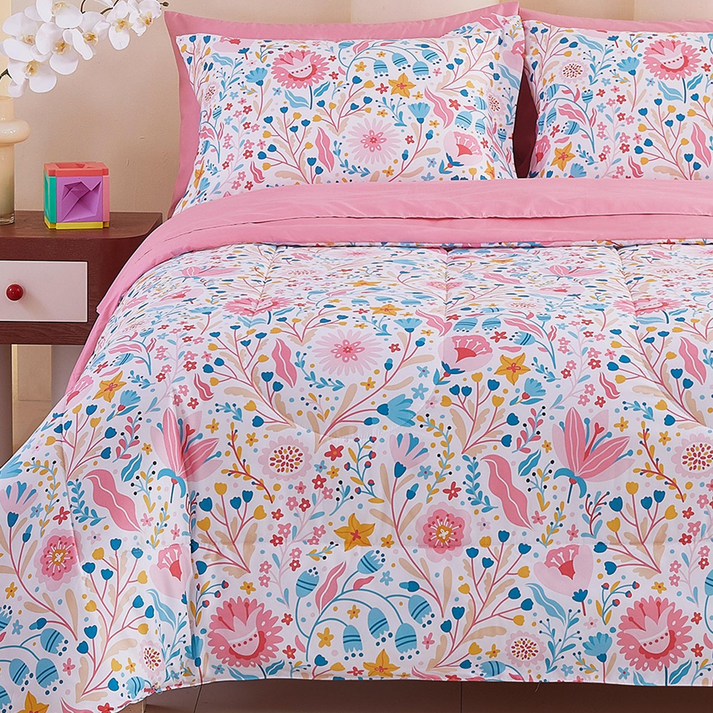 Viviland Kids Twin Bedding Sets for Girls, Soft Twin Comforter Set with Sheets, 5 Pieces Microfiber Bed in a Bag, Colourful Floral