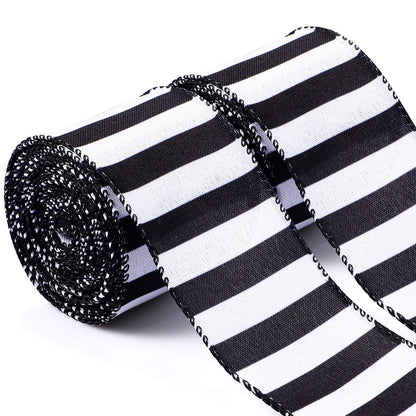 Chuangdi 2 Rolls 20 Yards 2.5 Inch Black and White Wired Ribbon Stripe Burlap Wired Ribbon for Gift Wrapping Craft Wreath Bows Fall Christmas Decor