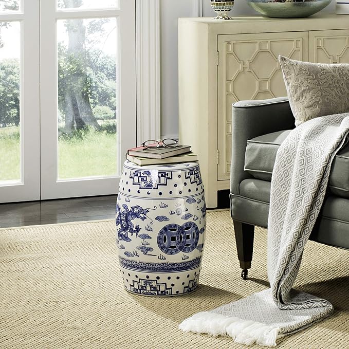 SAFAVIEH Castle Gardens Collection – Dragon’s Breath Blue Glazed Ceramic Chinoiserie Indoor/Outdoor Garden Stool (ACS4554A)