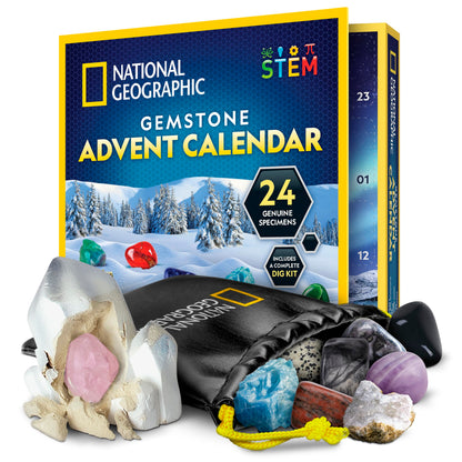 NATIONAL GEOGRAPHIC 2025 Gemstone Advent Calendar - Christmas Countdown Calendar for Kids with 24 Gems, Rock Collection, Mini Gem Dig Kit (English-Only Version)