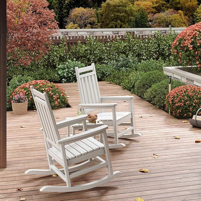 HDPE Rocking Chair Outdoor Set of 6 - Poly High Back Porch Rocker Chairs for Adults - All Weather Resistant Furniture for Patio Front Porch - White