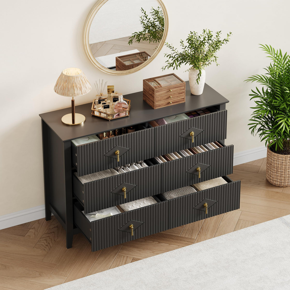 GarveeHome Fluted Dresser for Bedroom, 47.2 Inch Wide 6-Drawer Wood Dresser, Modern Chest of Drawers, Storage Organizer Cabinet for Living Room, Hallway, Entryway, Black