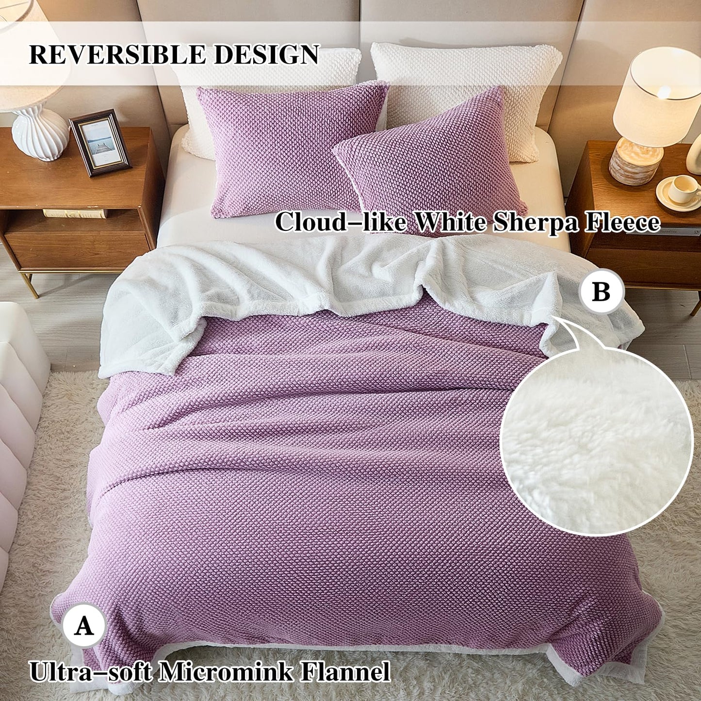 Luxury Flannel Fleece Sherpa Blankets Twin Size for Bed, Jacquard Boho 3-Layer Thick and Warm Blanket for Winter, Soft Cozy Fuzzy Plush Velvet Blanket with 2 Pillow Cases, Purple, 68x86 Inches