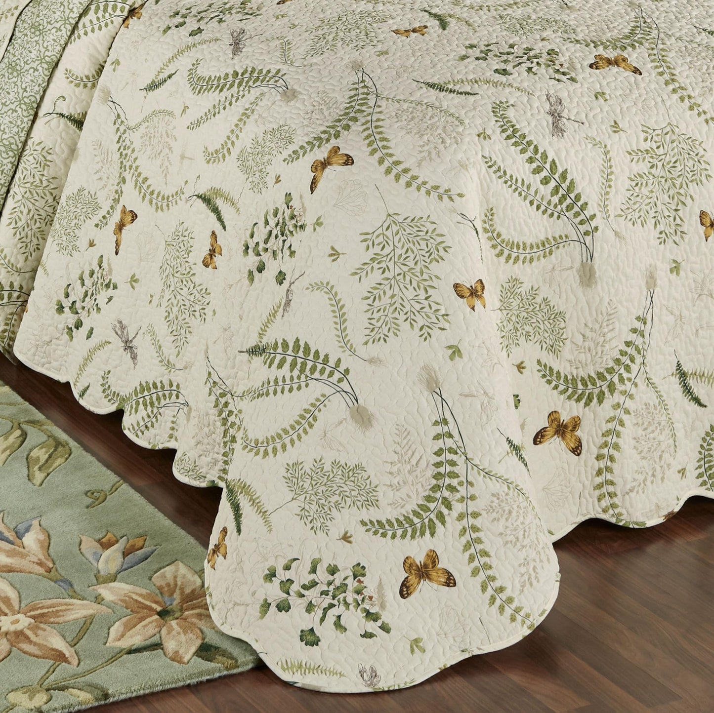Butterfly Eden Reversible Quilted Oversized Bedding | Nature Medallion Butterfly Dragonfly Fern Leaves | Eggshell, Golden Yellow, Green | 3 Piece Set Includes: Queen Bedspread and 2 Standard Shams