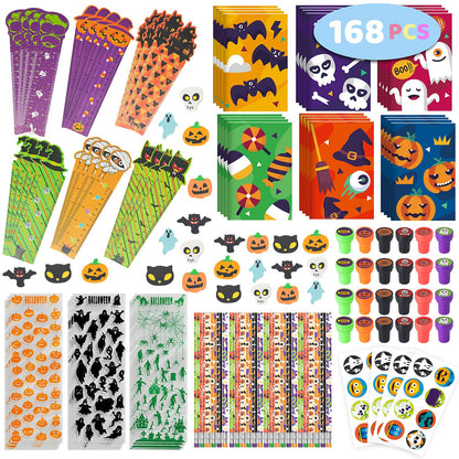 SpringFlower 168pcs Halloween Party Favors For Kids, Halloween Stationery set , Halloween Goody Bag Fillers including Pencil, Eraser, Ruler, Notepad, Stamper, Sticker For Trick or Treat