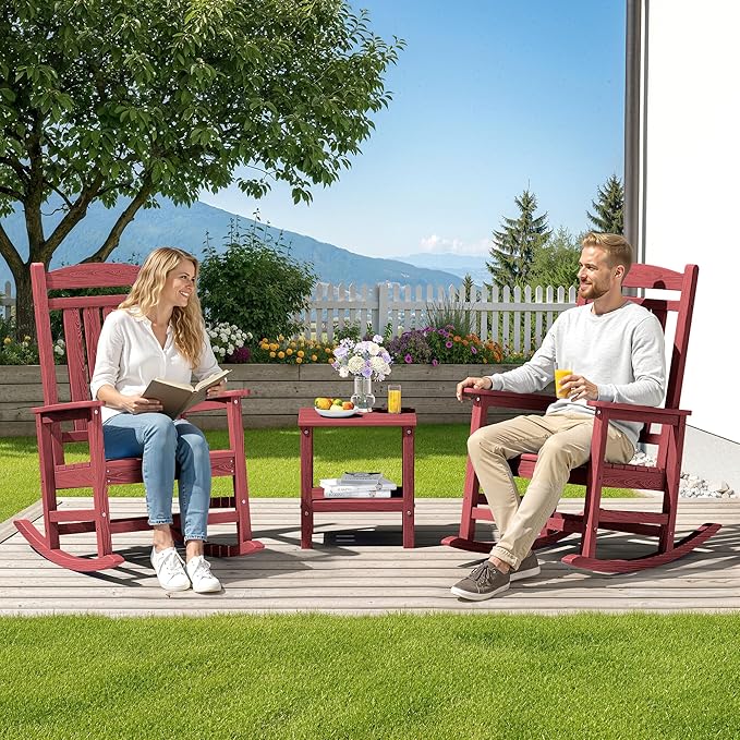 SERWALL Patio Rocking Chairs Set of 2, HDPE Outdoor Rockers for Adults, Oversized All-Weather Porch Rocking Chairs, Red