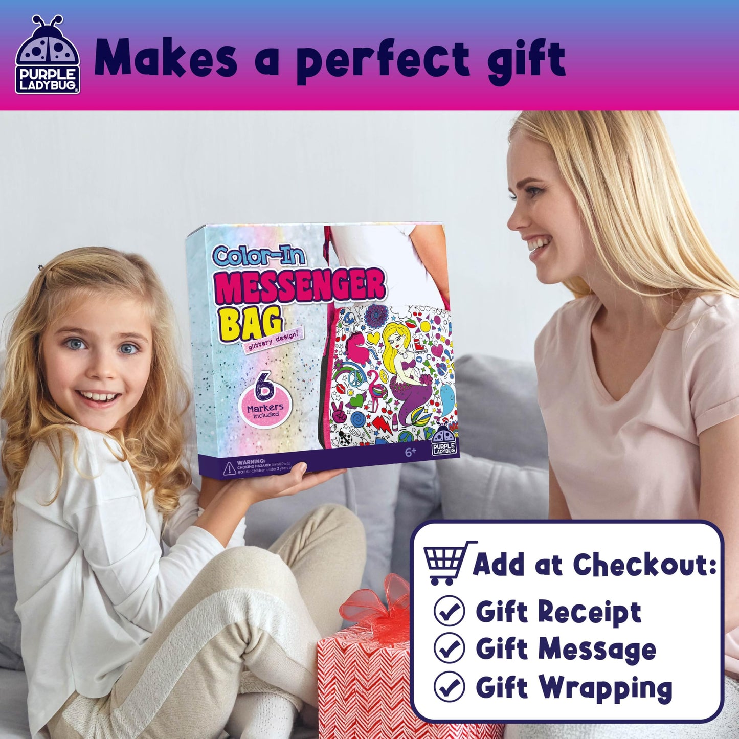 PURPLE LADYBUG Colour Your Own Messenger Bag Kit - Creative Craft Gift with 6 Vibrant Markers for Girls Aged 6-12, Perfect for Birthdays and Year-Round Fun in Arts and Crafts, Great Gift Idea