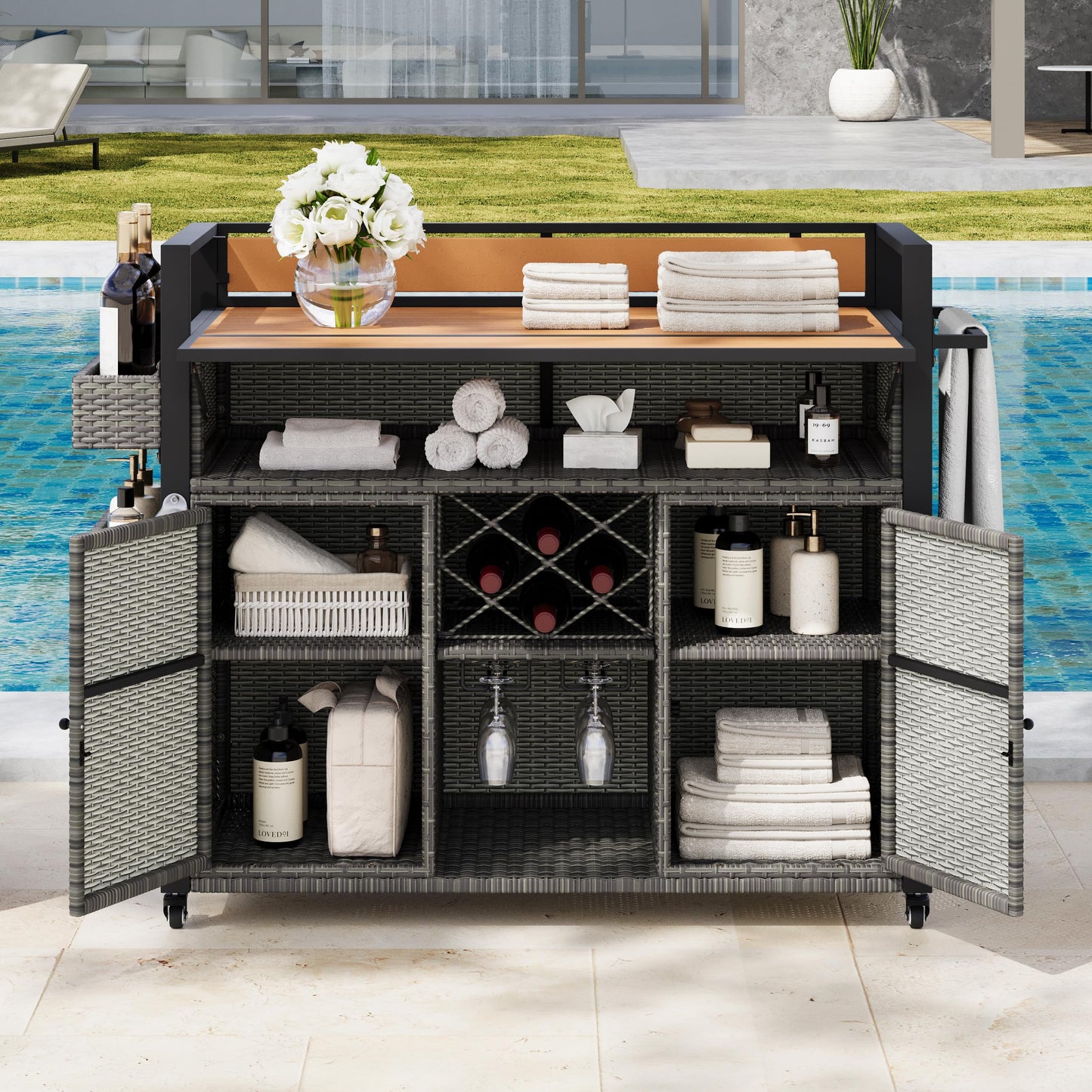 YOPTO 52.8" W Wicker Outdoor Grill Cart with Extended Poly-Wood Table Top - Drop Leaf Design,7 Shelves & Wine Rack,Rolling Kitchen Island on Lockable Wheels,for Patio,Backyard,Poolside & Garden,Grey