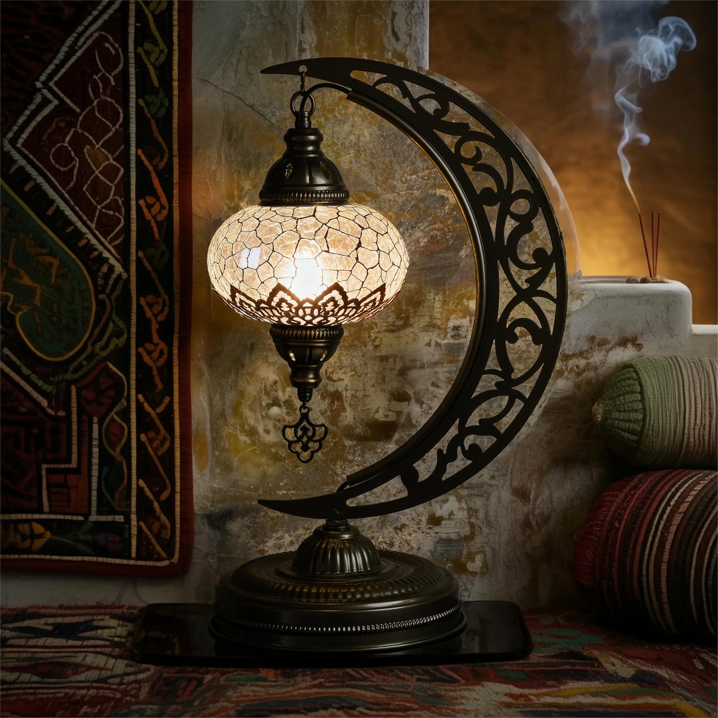 Mozaist Turkish Lamp, Unique Lamps, Moon Shaped Mosaic Table Lamp, Moroccan Handmade Antique Bohemian Vintage Lamp Shade, Tiffany Desk Bedside Stained Glass Lamp with US Plug and E12 Socket
