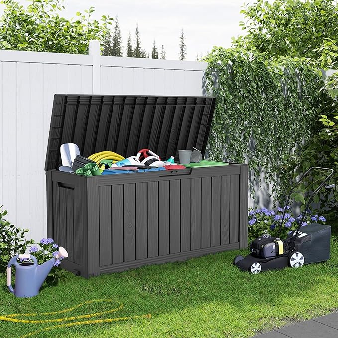 85 Gallon Outdoor Deck Box, Lockable Waterproof Outdoor Storage Boxes For Garden Tools,Indoor Cushions,Accessories Outside Storage Resin Weatherproof Container(Black)