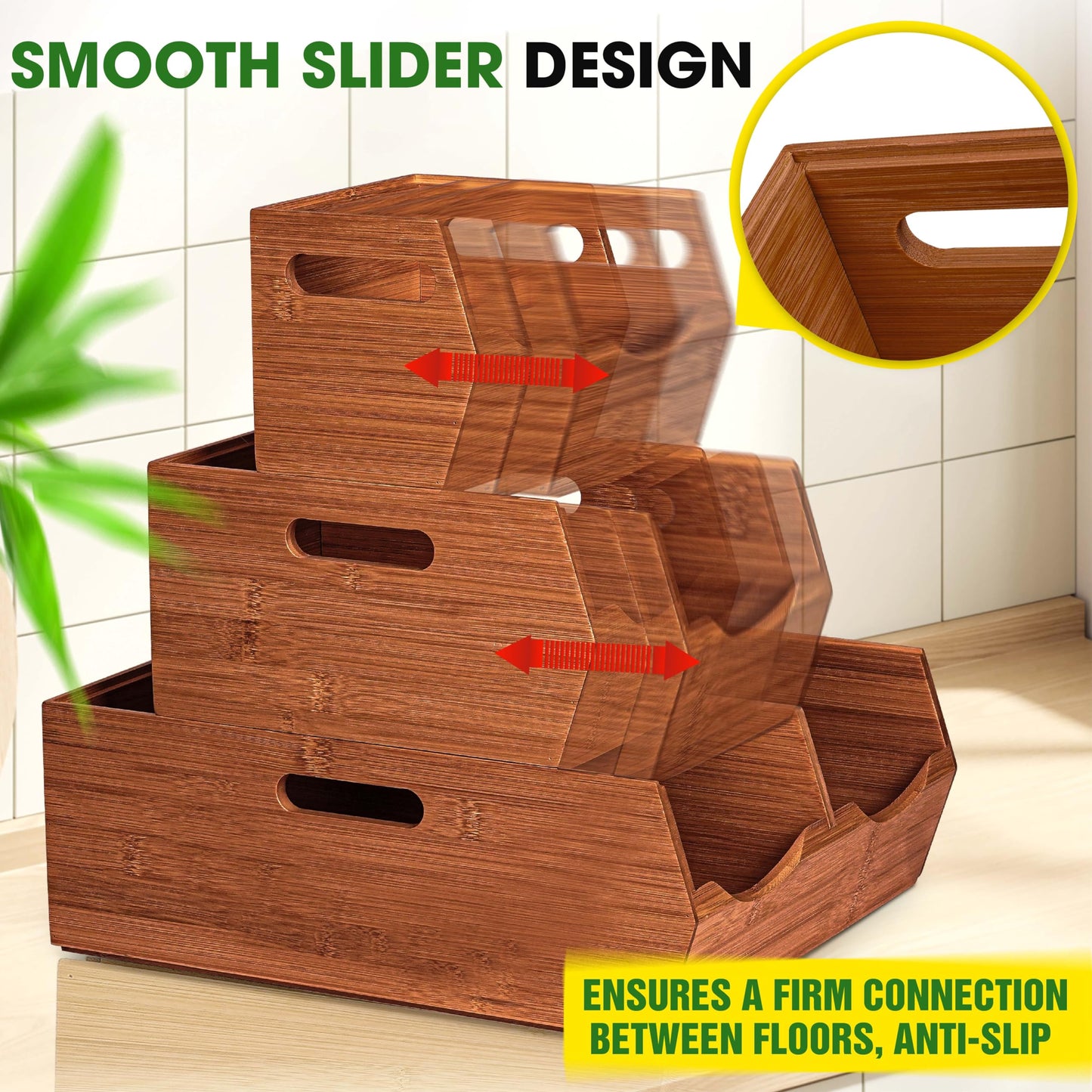 [Upgraded] 3-tier Stackable Bamboo Pantry Storage Bins, Potato and Onion Storage Baskets with Handles, Removable Divider, Pantry Organizer Holder for Kitchen, Office, Cabinet, Fruit Storage (Walnut)