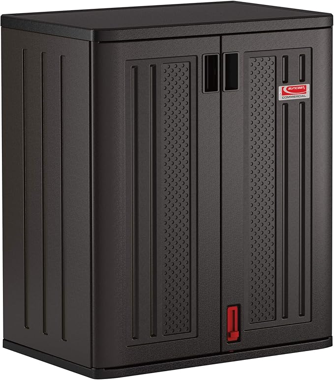 Suncast Heavy-Duty Resin Outdoor Storage Cabinet, 30" W x 20.25" D x 36" H Dark Grey Base Garage Storage Cabinet with Lockable Doors and Metal Reinforced Shelves, Made in The USA