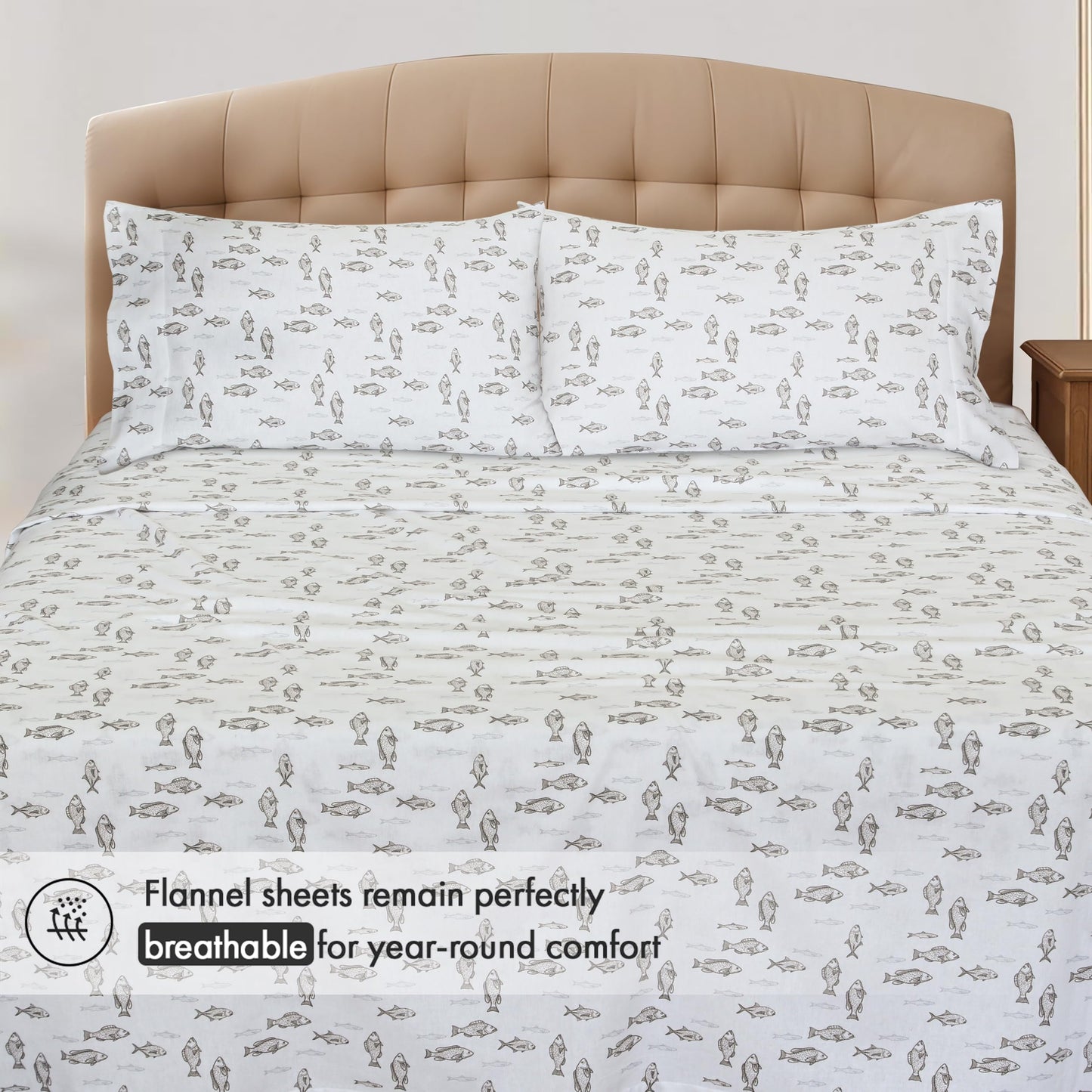 RUVANTI Flannel Sheets Queen Size - 100% Cotton Double Brushed Bed Sheets, Deep Pockets 16 Inches Queen Sheet Set, All Seasons Breathable & Extra Soft - Warm & Cozy, 4 Piece, Fisherman's Tale