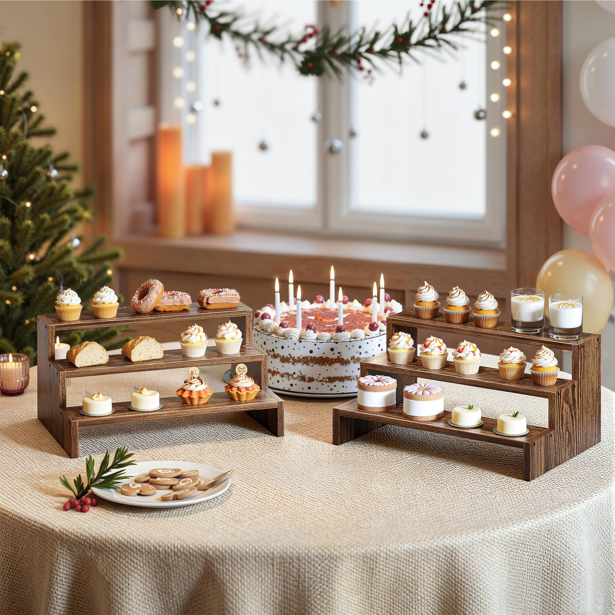 Evermagin 2PCS Wooden Display Risers Set for Birthday Parties, 3 Tier Cupcake Stands for Dessert Table, Rustic Dessert Table Display, Buffet Risers Display Stands for Vendor Events