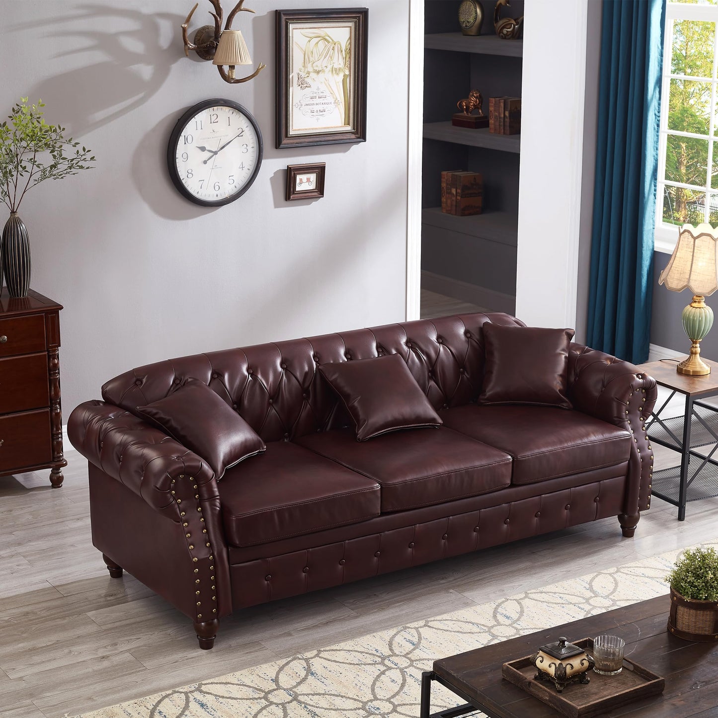 GDFStudio 86" Mid-Century Modern Chesterfield Sofa with Storage, 3 Seater Deep Seat Upholstered Faux Leather Couch with Tufted Back and Nailhead Trim, Rolled Arm Accent Sofa for Living Room, Burgundy