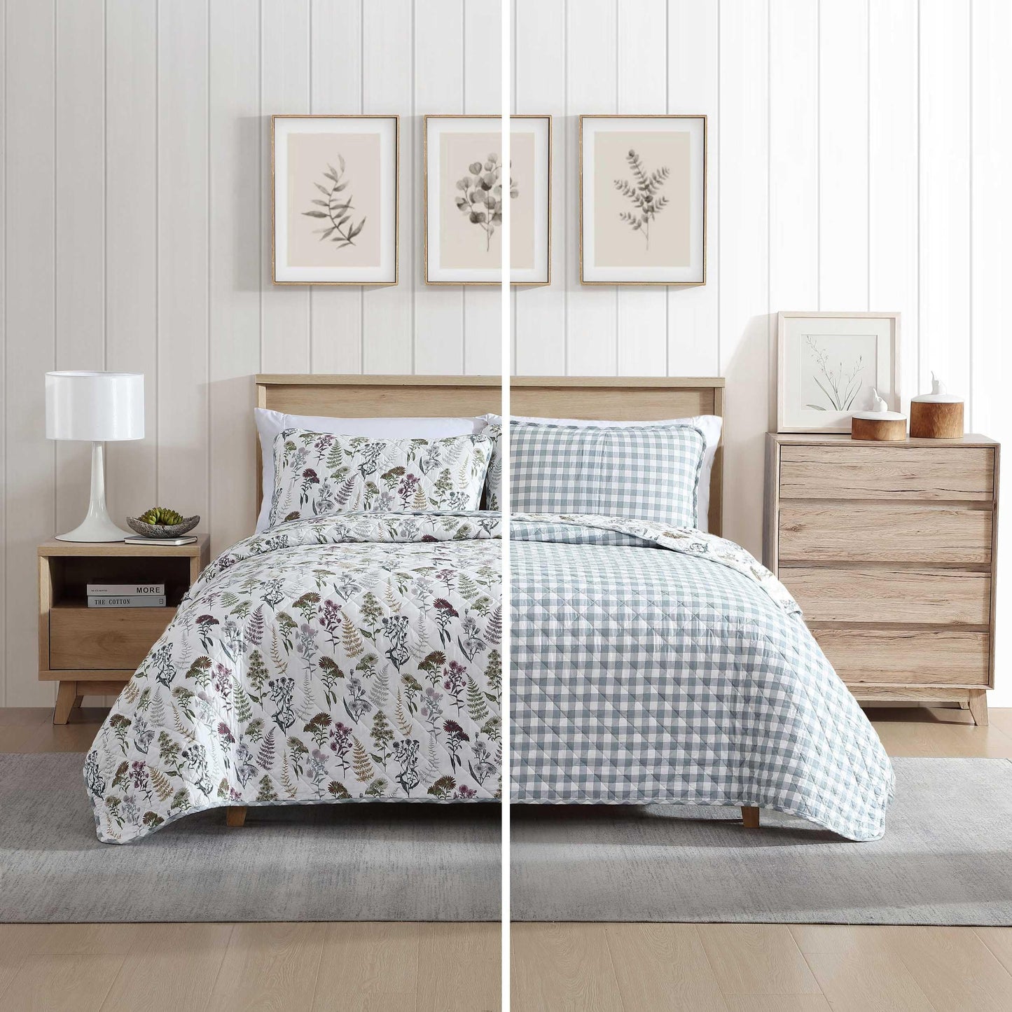 Eddie Bauer - Full/Queen Quilt Set, Reversible Cotton Bedding with Matching Shams, Classic Floral Home Decor with Plaid Reverse (Flower Field Green, Full/Queen)