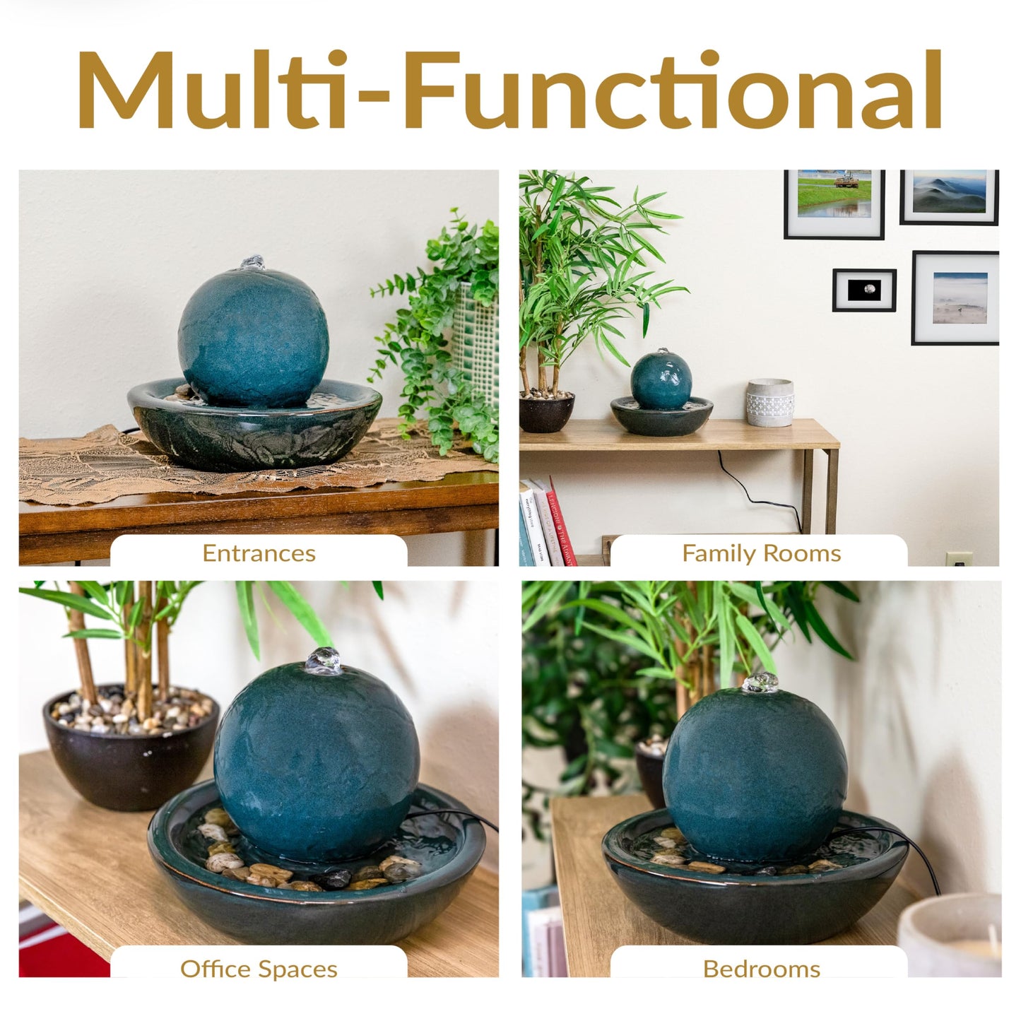 Sunnydaze Tabletop Ceramic Tabletop Fountain with Orb - Relaxing Indoor Fountain for Meditation - for Office, Bedroom, or Living Room - Teal