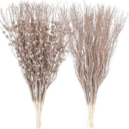 Sea Team 24-Pack Artificial Glitter Berry Stem Ornaments, Decorative Bead Sticks, Glittery Twigs, Picks, Branches for Christmas Tree, Small Vase, Holiday, Wedding, Party (15 Inches, Champagne)