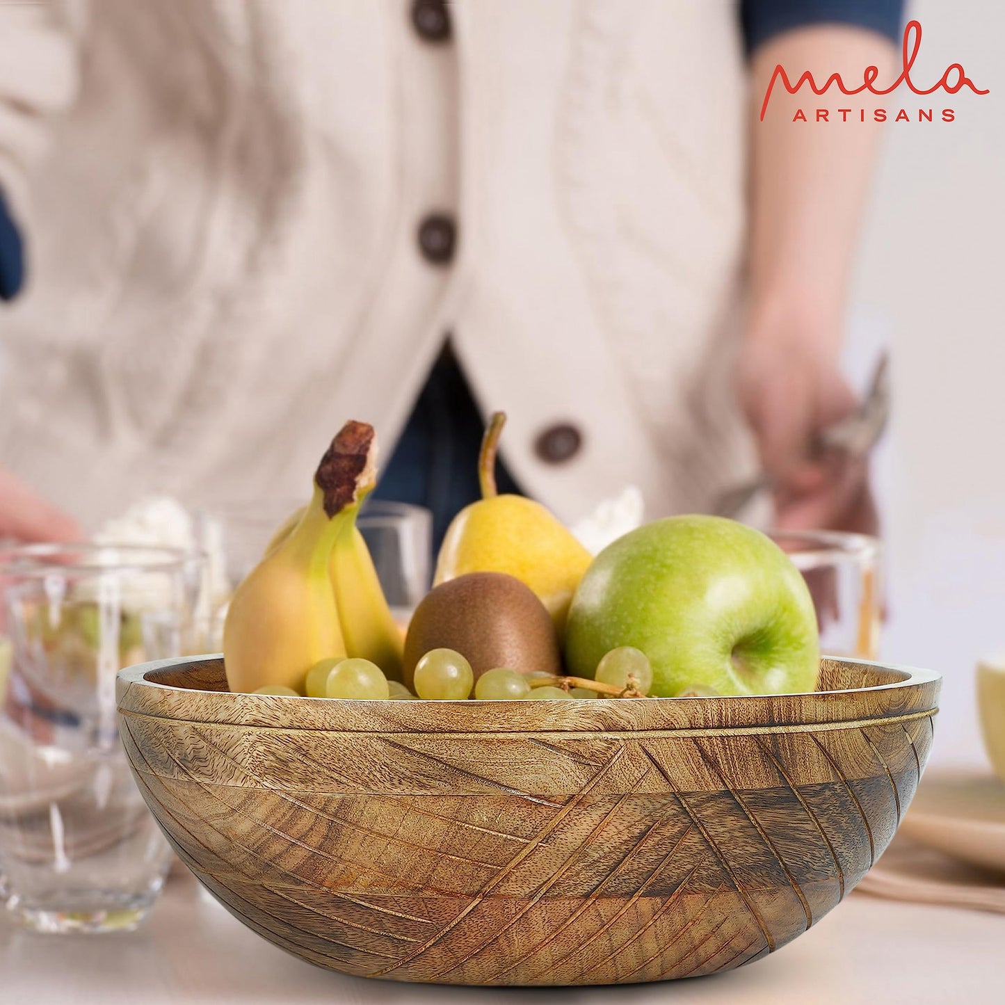 Mela Artisans 12 in Wide x 4.5 in Tall Jai Valley Mango Wood Bowl with Felt Pads – Hand-Carved Decorative Serving and Fruit Bowl with Light Burnt Finish for Kitchen Counter, Salad, Snacks and Bread