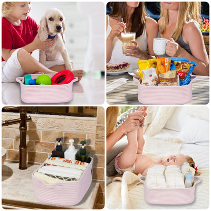 Woven Cotton Rope Storage Basket with Handles for Organizing Shelves Closet Small Cat Dog Pet Toy Baskets Box Bin Decorative Rectangle Baby Nursery basket Gift Basket Empty Light pink