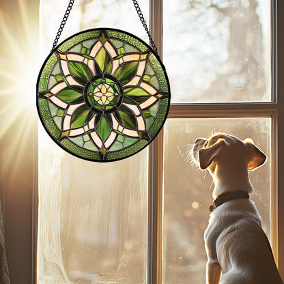 HWRHTR Stained Glass Window Hanging - White Green Boho Flower Suncatcher for Doors Window Home Sun Catchers Decor Christmas Mother's Day Birthday Gifts for Teacher Women Men Mom Nana 6.3 in