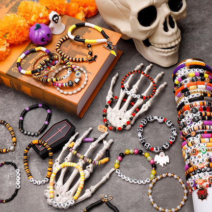 LUYI 48 Pcs Halloween Bracelets for Women Friendship Bracelets Set Colorful Bats Witches Spiders Pumpkins Skulls Beaded Stackable Stretch Clay Bracelets Bulk for Party Jewelry Supplies Holiday Gift