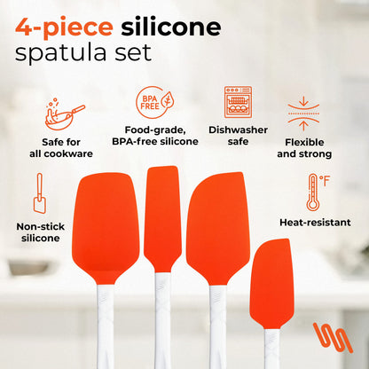 M KITCHEN WORLD Heat Resistant Silicone Spatulas Set | Rubber Spatula Kitchen Utensils Non-Stick for Cooking, Baking and Mixing | Ergonomic, Dishwasher Safe Bakeware Set of 4, Orange