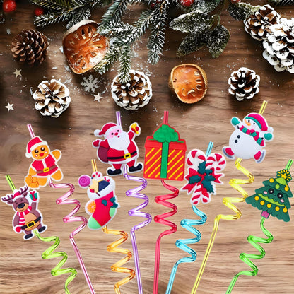 LEDUO 24 Christmas Party Favors Drinking Straws-Holiday Party Supplies-Reusable Xmas Santa Snowflakes Snowman Claus Reindeer Plastic Straw with Cartoon Decoration School Party Favors for Kids New Year