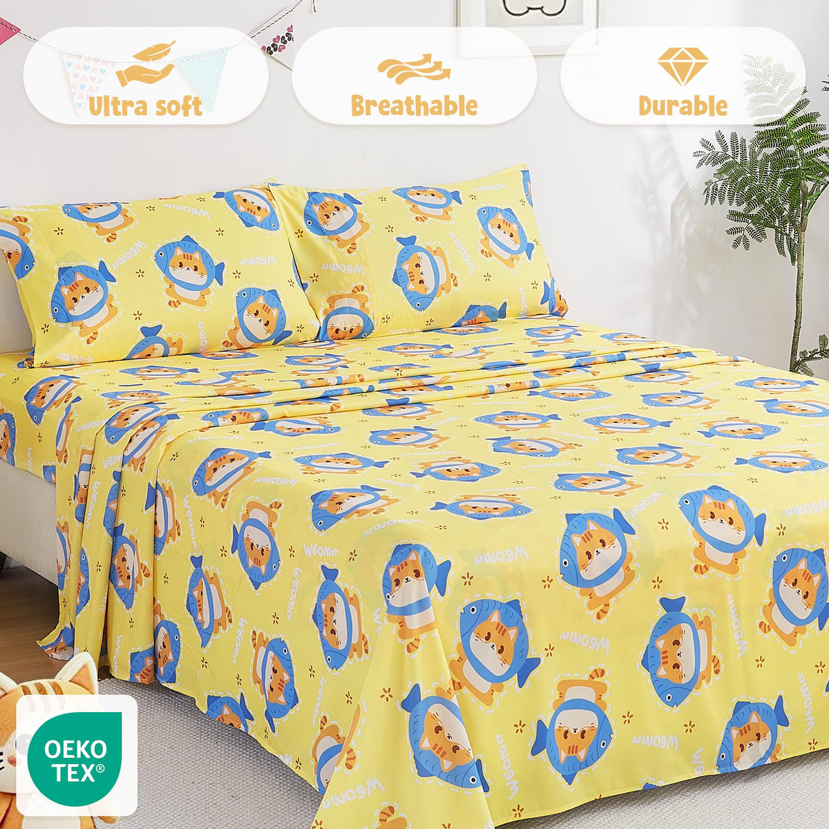 CozySmile Full Sheet Set Kids,4 Pieces Breathable Soft Microfiber Bedsheets for Child Boys Girls, Oeko-TEX, Anti Pilling Deep Pockets Easy Care Bed Sheets, Cat Fish