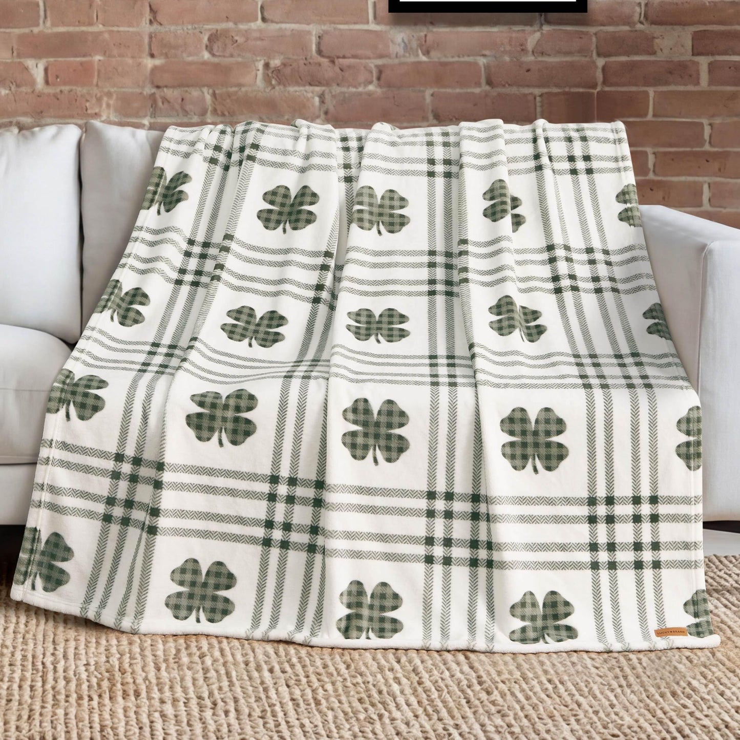 Lucky Brand 50" x 70" Plush Throw Blanket, Clover Gingham Plaid Sage Green Blanket for Sofa or Bed