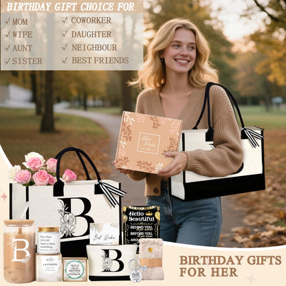 Lepiche Birthday Gifts for Women, Monogrammed Initial Gift for Teacher Wife Mom, Tote Bag,Glass Cup Gift Basket Personalized Christmas Mother's Teacher Appreciation Day,B