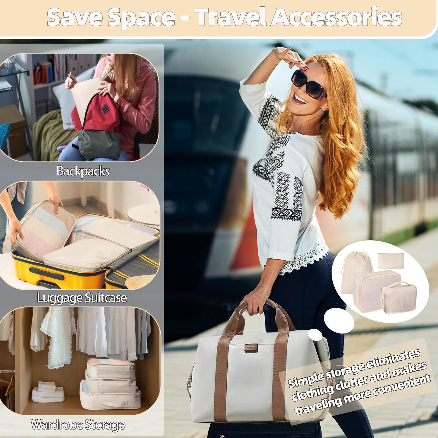 10 Pcs Set Packing Cubes For Travel Expandable Packing Organizers Luggage Organizers Bags Essentials Packing Cubes For Suitcases Travel Accessories (BEIGE)