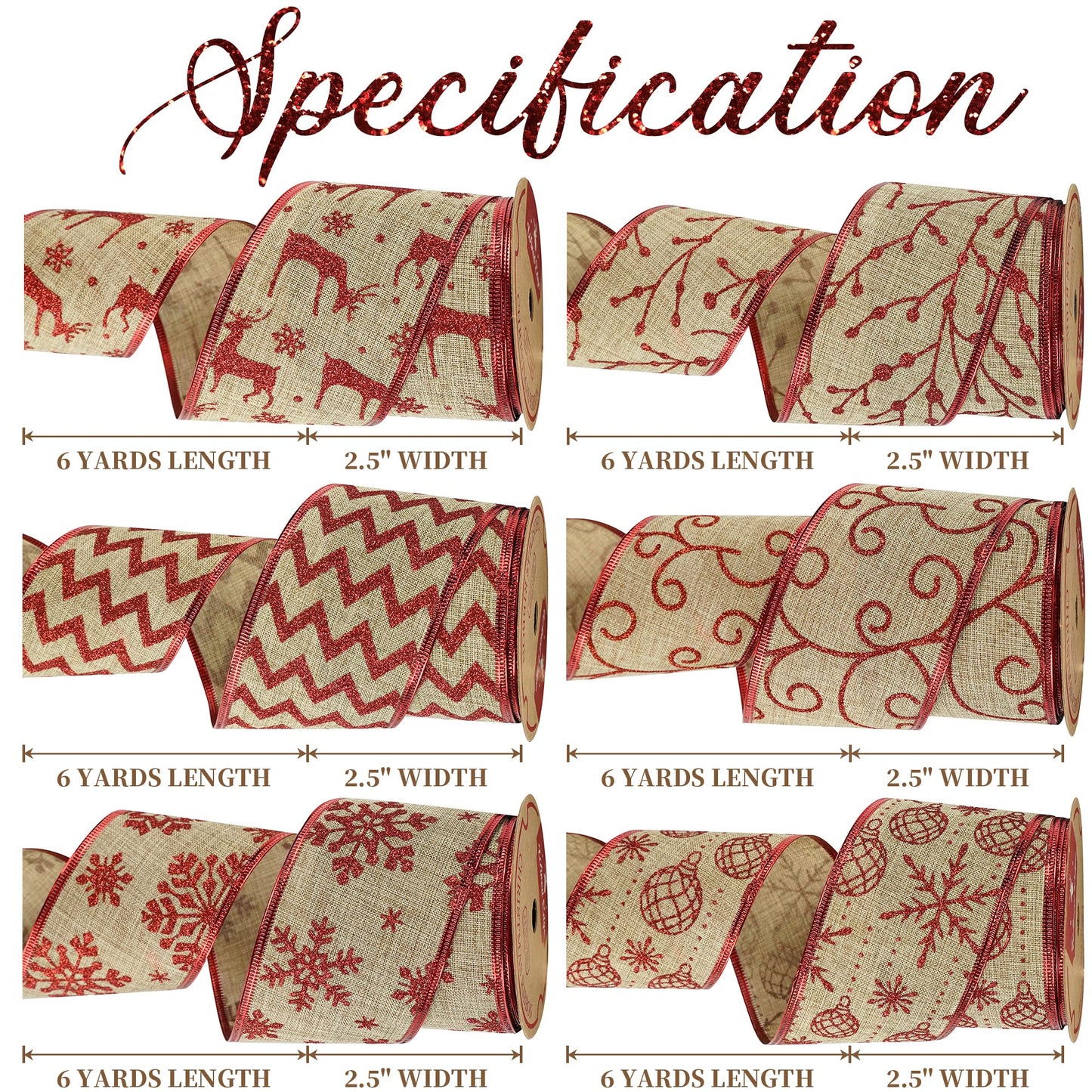 MEEDEE Christmas Ribbon Set - Wired Burlap 2.5 Inch 6 Rolls 36 Yards Red Glitter for Tree Garland, Wreaths, Tree Topper, Bow Making