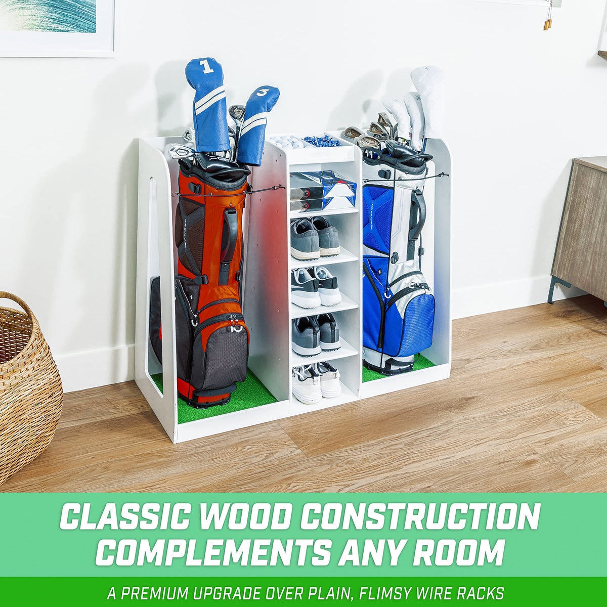 GoSports Premium Wooden Golf Bag Organizer and Storage Rack - Choose Your Style