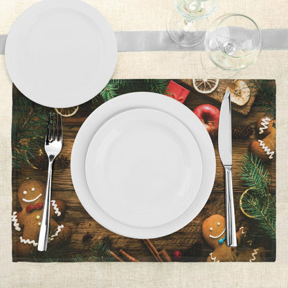 Ambesonne Christmas Place Mats Set of 8, Gingerbread Man Gift Box Coniferous Pine Cinnamon Dessert on Rustic Wood Theme, Washable Fabric Placemats for Dining Table, Placemat 8 pcs, Green and Brown