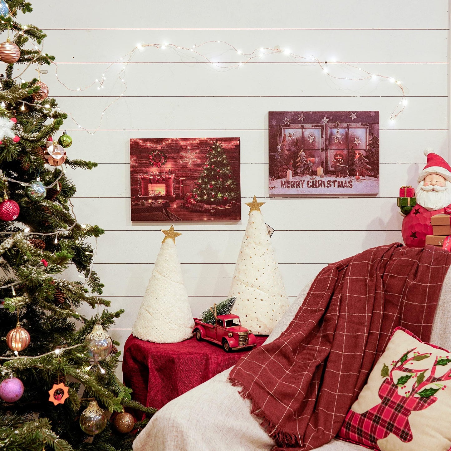 SOFFEE DESIGN 16'' x 12'' LED Christmas Canvas Prints Wall Art, Light Up Snowy Scene Picture for Holiday Decor, Battery Operated Painting Fireplace & Christmas Tree