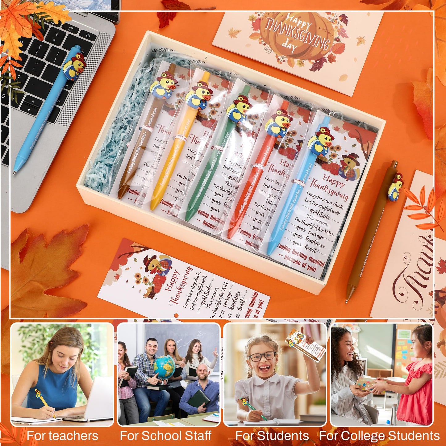Sinload 50 Sets Thanksgiving Gifts Bulk Fall Appreciation Pens Gifts with Scarecrow Rubber Duck Pen Fall Season Thank You Greeting Card Thanksgiving Party Favor for Classroom Employee Coworker
