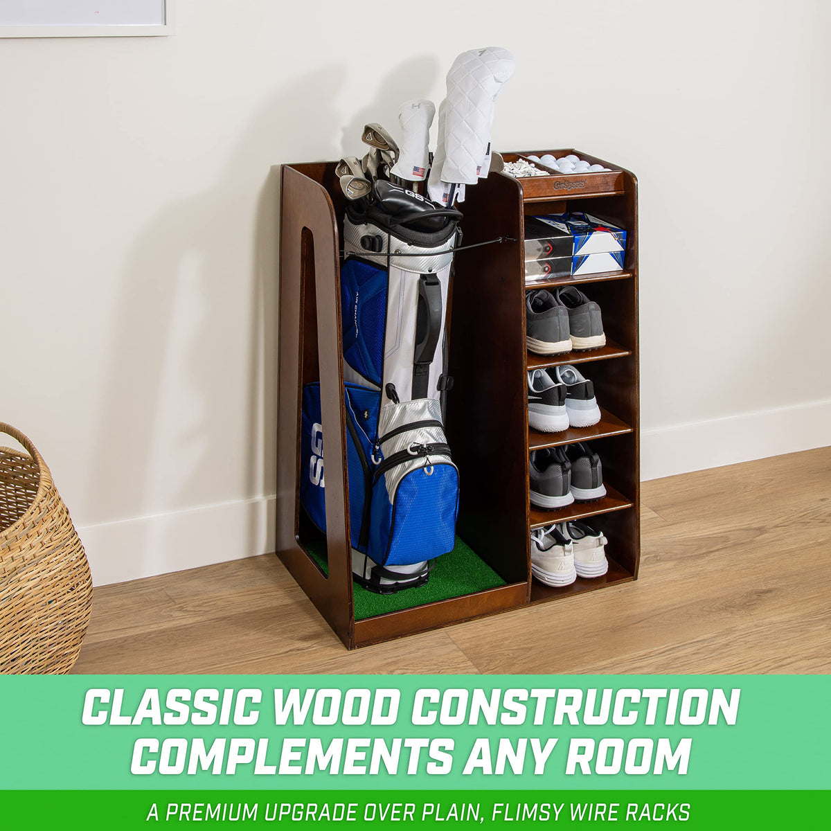 GoSports Premium Wooden Golf Bag Organizer and Storage Rack - Choose Your Style