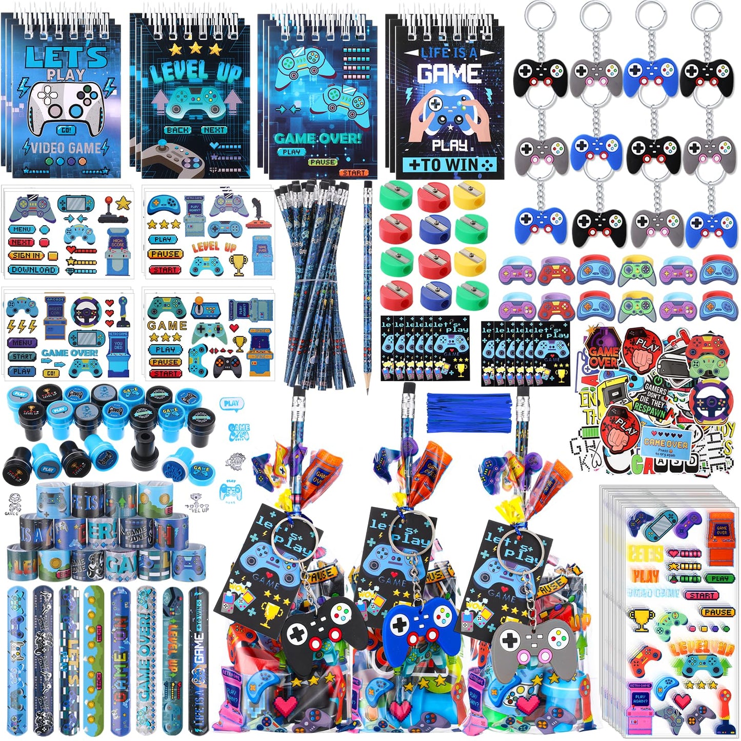 Sayglossy 251 Pcs Cool Video Game Party Favors Set Includes Gift Bags Pencils Notebook Sharpener Slap Bracelets Rings Keychains Tattoo Gaming Stickers Stamper Gamer Party Favors Birthday